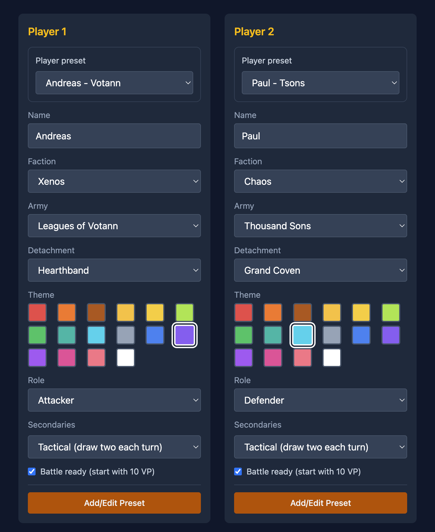 Configure game screen with player names, army details, and colors