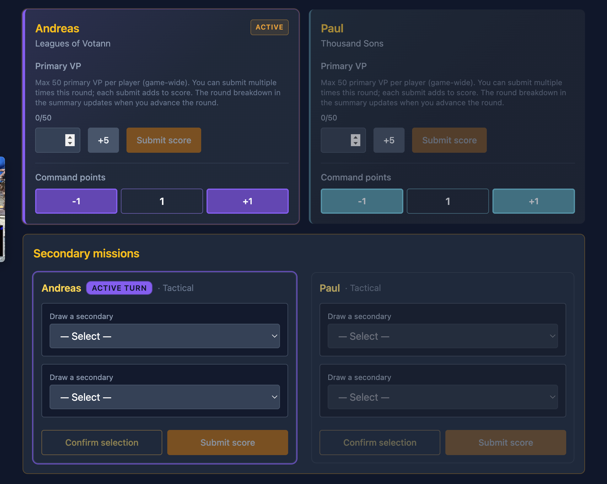 Control panel showing primary score and secondary handling controls