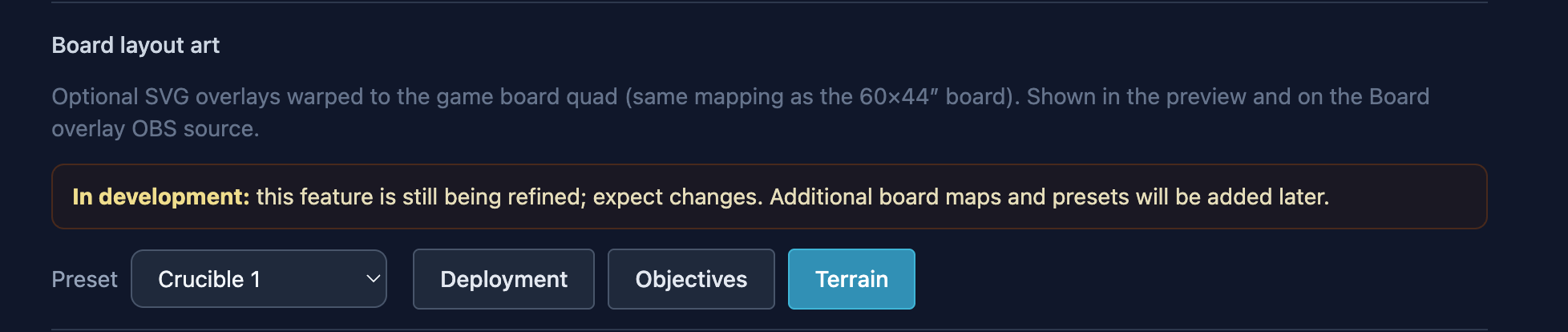 Preset controls for objective, deployment, and terrain context