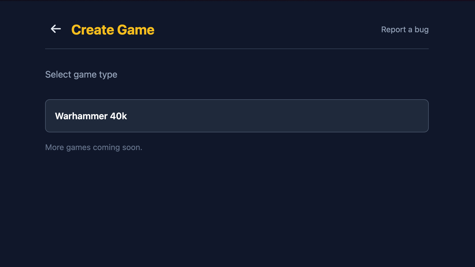 Select game type screen showing Warhammer 40K