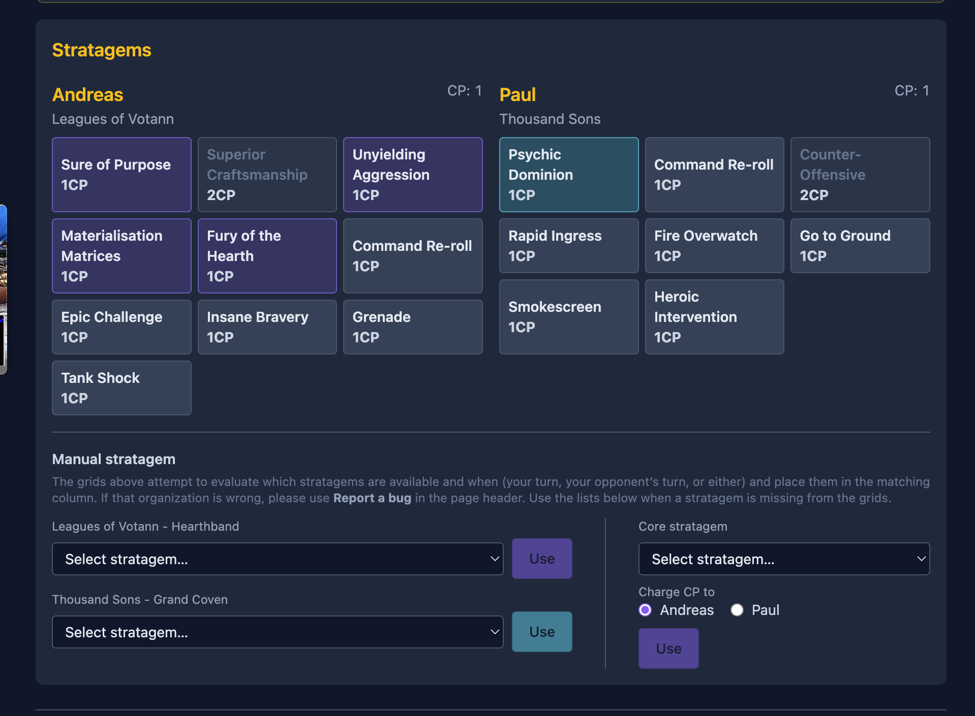 Stratagem controls sourced from army data with manual CP and stratagem controls