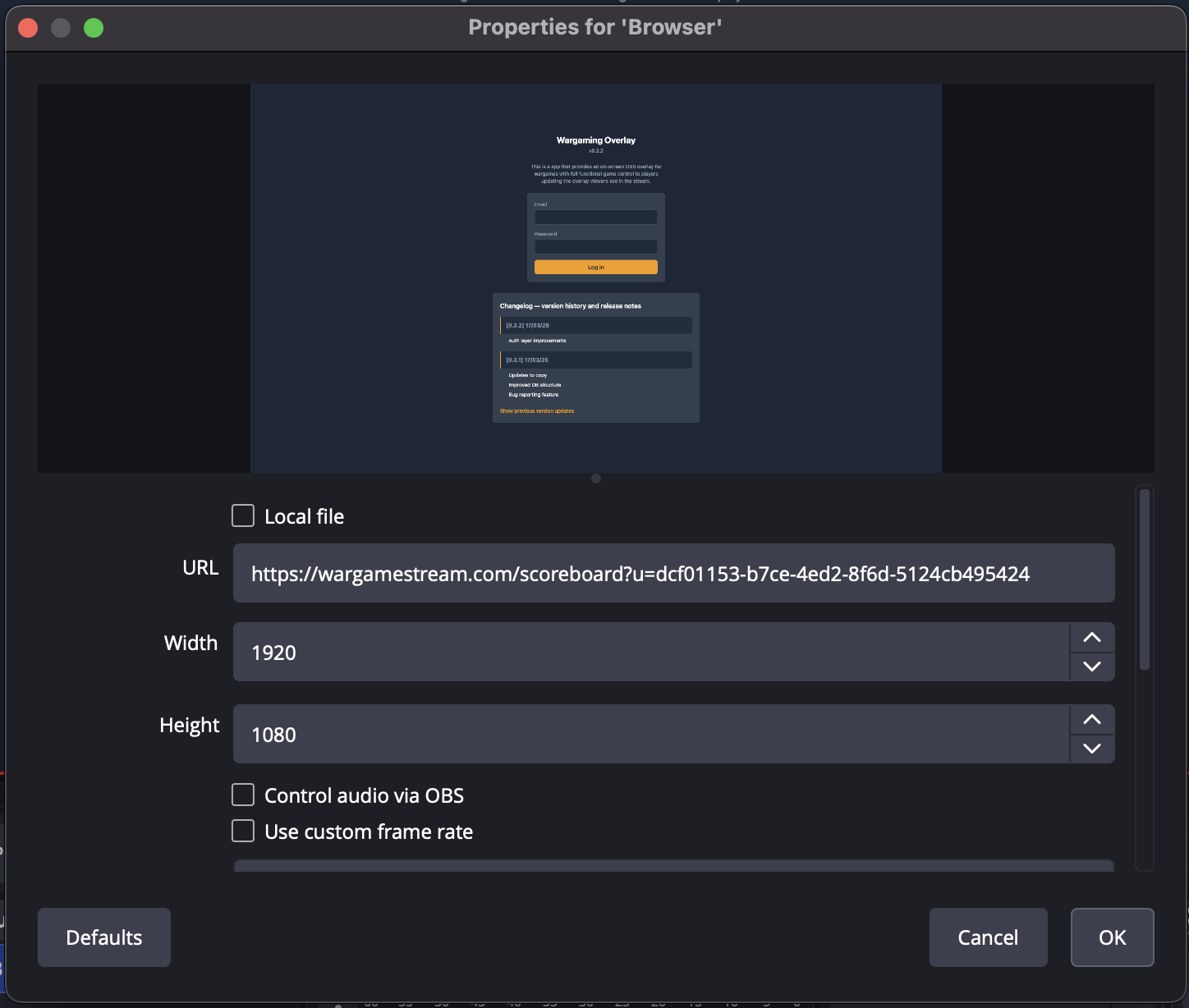 OBS: Configure the URL and resolution